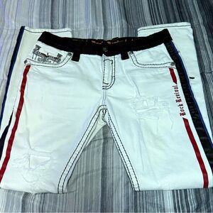 Rock Revival White Jeans with Red, Black and Blue Details
